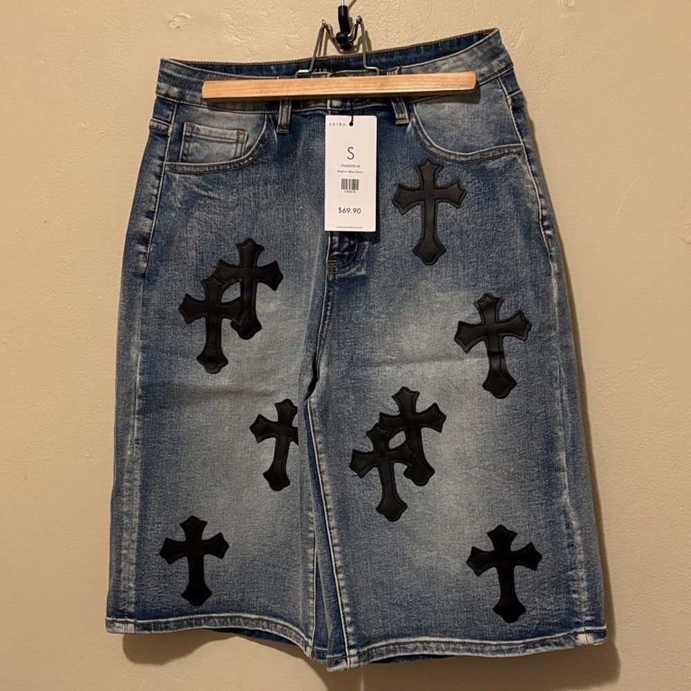 AKIRA Blue Denim Skirt with Black Cross Details
